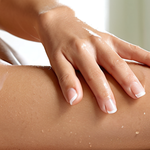 **Prompt:** A close-up shot of a woman's lower leg, freshly waxed, with a gentle hand applying a clear, soothing post-waxing gel. The skin should appear calm, hydrated, and slightly dewy, conveying immediate relief and a cooling sensation. Soft, natural light highlights the skin's smoothness. Subtle elements like blurred aloe vera leaves or chamomile flowers can be visible in the background, suggesting natural ingredients. Focus on comfort and healthy skin.