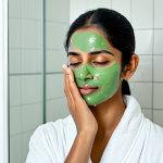 A serene Indian woman in her late 20s, with a gentle expression, carefully applying a natural, light green peel-off mask to her face using her fingertips. She is wearing a soft, modest white bathrobe, fully clothed, in a clean, brightly lit modern bathroom. There are subtle, natural elements like a small potted plant in the background. The scene captures a moment of peaceful self-care, focusing on the calm and gentle application. The image features perfect anatomy, correct proportions, a natural pose, well-formed hands, and proper finger count, ensuring appropriate content, safe for work, and family-friendly, professional photography, high quality.