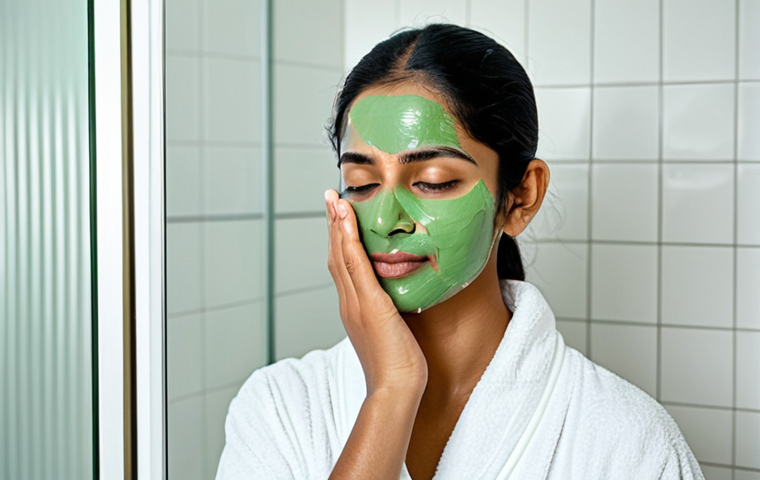 A serene Indian woman in her late 20s, with a gentle expression, carefully applying a natural, light green peel-off mask to her face using her fingertips. She is wearing a soft, modest white bathrobe, fully clothed, in a clean, brightly lit modern bathroom. There are subtle, natural elements like a small potted plant in the background. The scene captures a moment of peaceful self-care, focusing on the calm and gentle application. The image features perfect anatomy, correct proportions, a natural pose, well-formed hands, and proper finger count, ensuring appropriate content, safe for work, and family-friendly, professional photography, high quality.