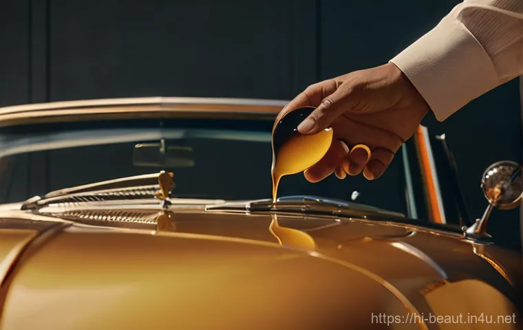 천연 왁스와 합성 왁스 비교 - **Prompt for Synthetic Wax:**
    "A dynamic, eye-level shot capturing a modern, sleek sports car, p...