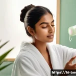 왁싱 후 털이 자라는 패턴 관리법 - A serene skincare scene showing a young Indian woman gently applying aloe vera gel to freshly waxed ...