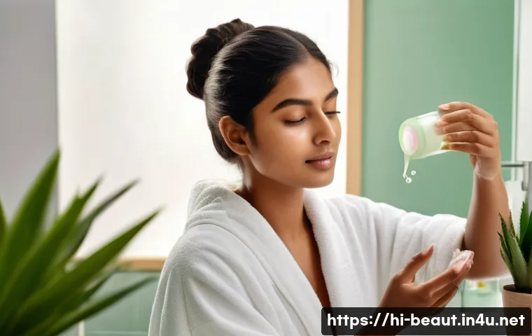 왁싱 후 털이 자라는 패턴 관리법 - A serene skincare scene showing a young Indian woman gently applying aloe vera gel to freshly waxed ...