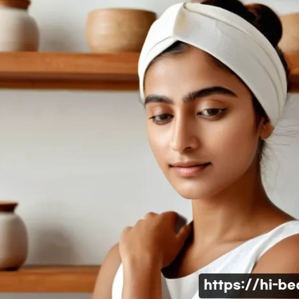 모공 수축용 클레이 마스크 추천 - A serene skincare scene featuring a young Indian woman with medium brown skin applying a natural ben...
