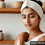 모공 수축용 클레이 마스크 추천 - A serene skincare scene featuring a young Indian woman with medium brown skin applying a natural ben...