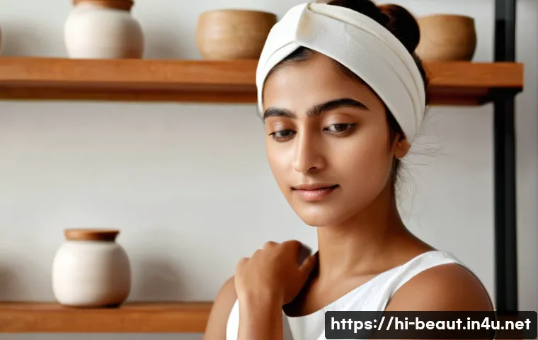 모공 수축용 클레이 마스크 추천 - A serene skincare scene featuring a young Indian woman with medium brown skin applying a natural ben...